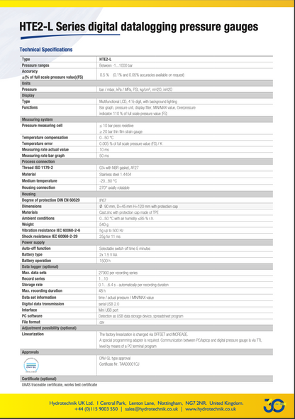HTE2-L Digital Datalogging Pressure Gauge