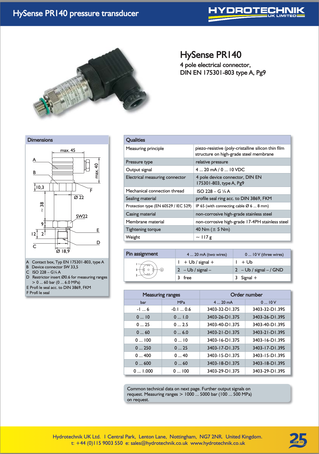 PR140 Pressure Transducer